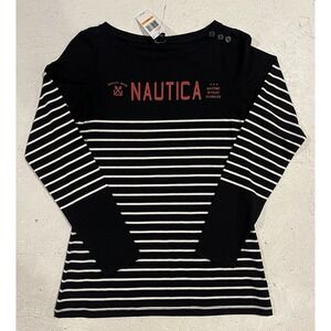 Nautica Women's Small Long Sleeve Striped Shirt Black White Buttons‎ NWT